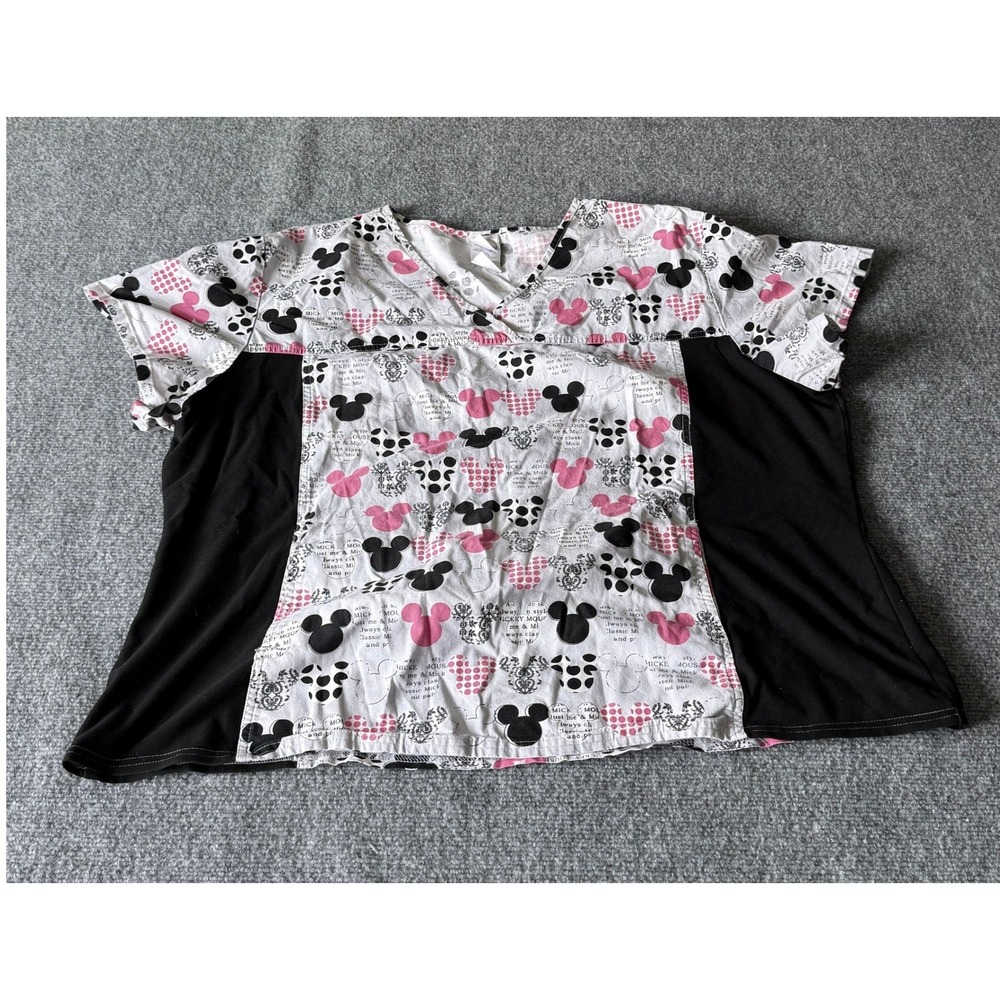 Disney Mickey Mouse Scrub Top Womens 3XL Pink Black V-Neck Short Sleeve 6875C